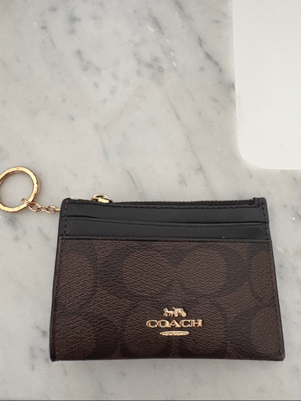 Coach Brown Signature Card Holder with Gold Key Ring